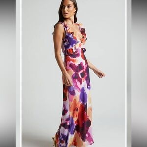 Showpo.Charlie Vibrant Watercolor Floral Vneck LowBack Frill Detail Dress NWT 14